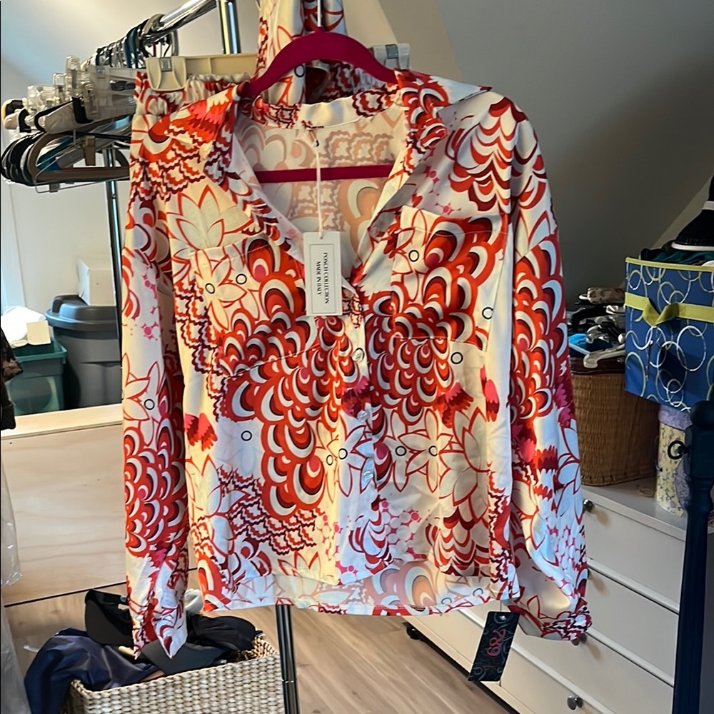 Orange and Red Graphic Long Sleeve Blouse with Notched Collar